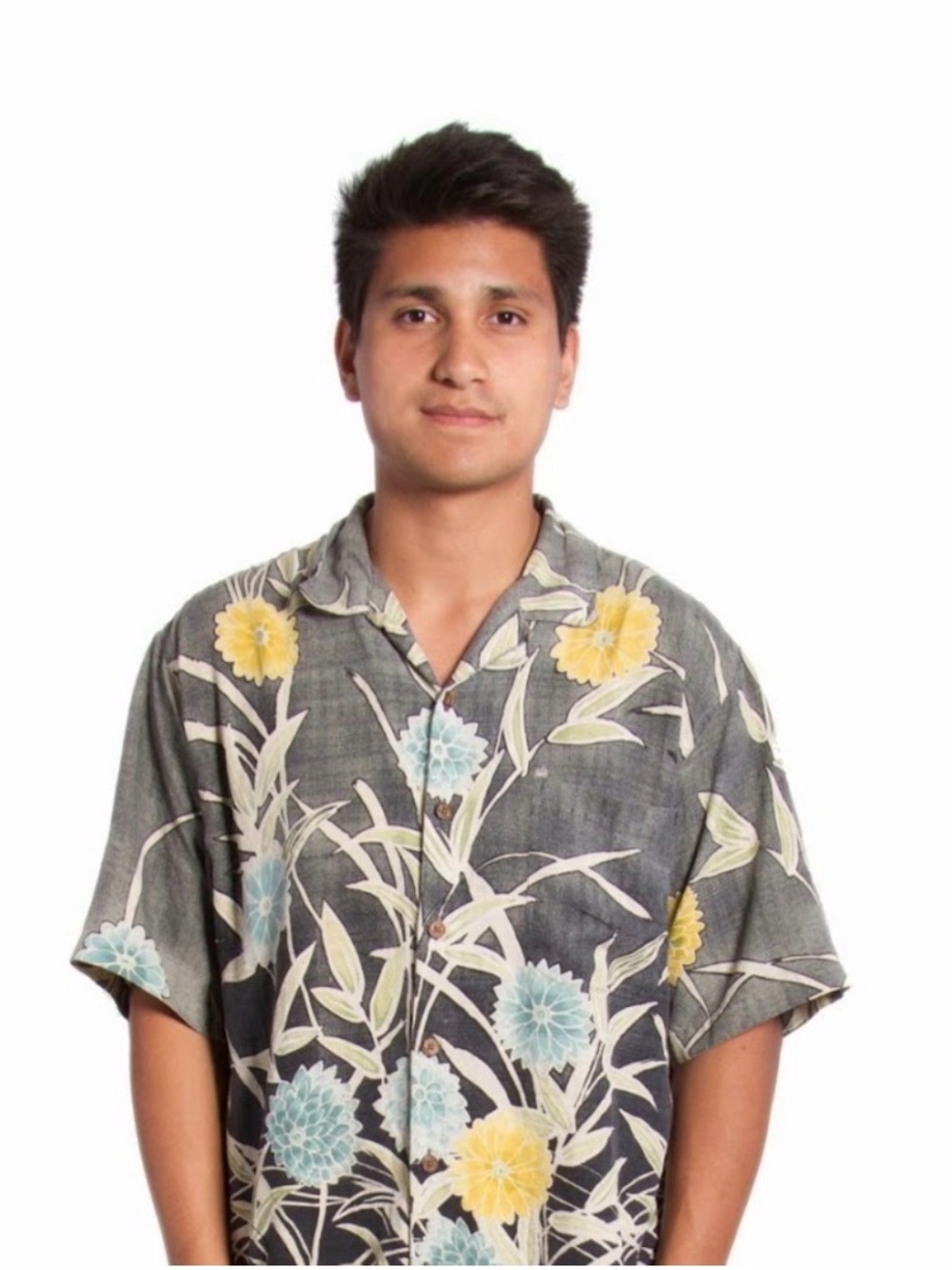 Tommy Bahamas 100% silk Floral Shirt - Yellow & Light Blue Flowers on Charcoal